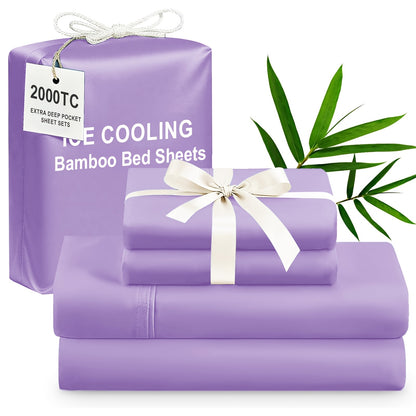 4pcs Bamboo Cooling Bedding - Extra Deep Pocket Breathable And Cooling - Suitable for Hot Sleepers And Sweats, Children Pillowcases, Flat Sheet And Fitted Sheet - A Perfect Gift for Family, Queen And King Sizes