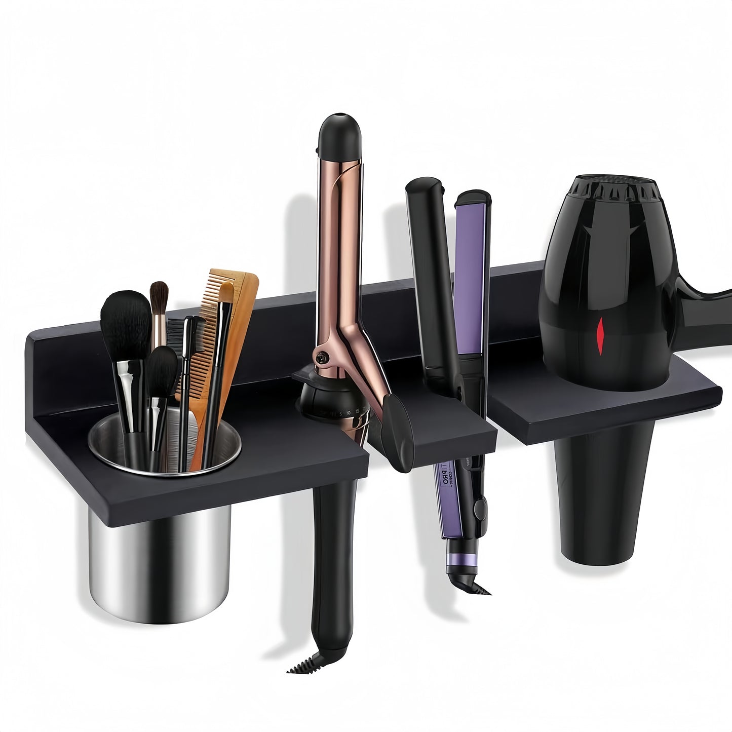 Wall Mounted Wooden Hair Tool Organizer, Multi-Functional Storage Rack for Hair Dryer, Curling Iron, Hair Straightener, Brushes, for Bathroom Salon Home Use, Rustic Stylish Practical Design, Shelves