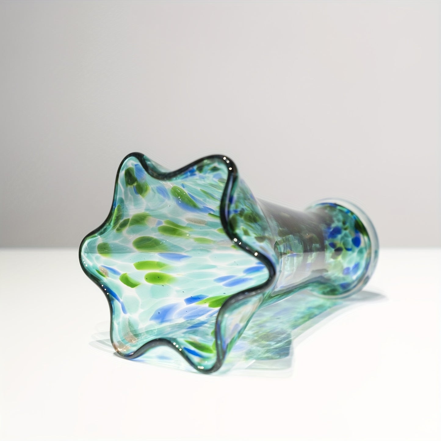 Hand Blown Teal Glass Vase for Fresh Flowers - Wide Mouthed Green Vase for Spring Flower Arrangements, Centerpieces for Bookshelves, Dining Tables, Bedrooms