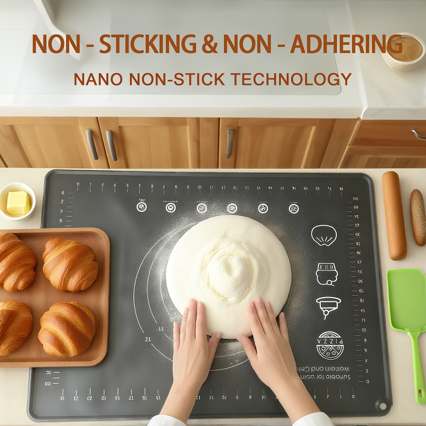 Extra-Thick Silicone Pastry Mat, Non-slip Silicone Baking Mat, Reusable Dough Rolling Mats with Measurements, Perfect for Baking, Pizza & Cake Dough, Odor-Free with Natural Dye, Silicone Mat for Dough, Baking Mat Extra Thick, Dough Mat