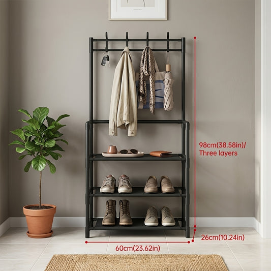 Shoe Rack Organizer with 8 Double Hooks & Multi-Layer Storage Shelves – Floor Standing Coat Hat Holder for Entryway Bedroom Living Room