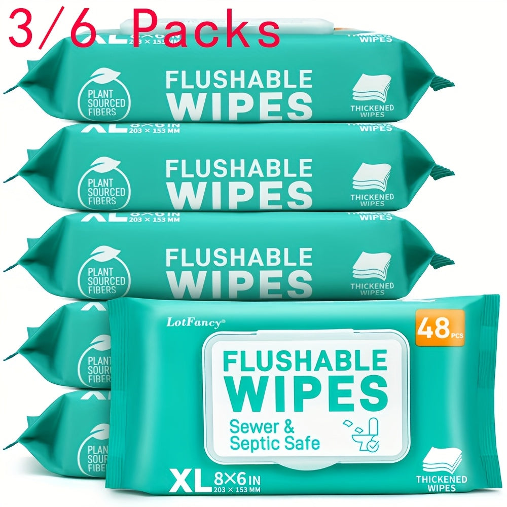 Lotfancy Extra Large Flushable Wet Wipes, Thickened Butt Wipes, 3/6 Packs X 48 Ct, 144/288 Wipes, Septic & Sewer Safe, Quick-Dispersing, No Alcohol, Plant-Based Fibers - Flushable Toilet, Personal & Household Cleaning Wipes