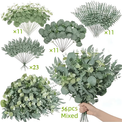 50/56pcs Bulk Artificial Eucalyptus Flowers & Stems with 4 Leaf Varieties - Realistic DIY Wedding, Valentine's, St. Patrick's Day, Spring Decorations - Lifelike Green Foliage Bouquets with White Flowers, Durable Plastic Blooms for Home, Office