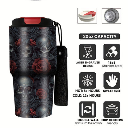 Gothic Skull & Roses Design Coffee Cup, 20oz Stainless Steel Insulated Tumbler with Carrying Strap, Beverage Container, Travel Mug, Summer Water Bottle, Camping Drinkware, Ideal Gift for Halloween, Birthdays, Christmas, Easter, Parties, Holiday