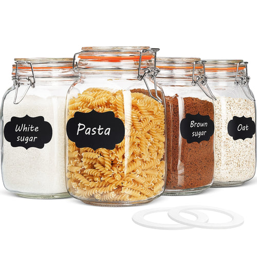 4 Pack, 50oz Glass Jars with Airtight Lids, Wide Mouth Mason Jars with Clip Top Lids for Kitchen - Square Glass Jars with Chalkboard Labels And Replacement Silicone Gaskets