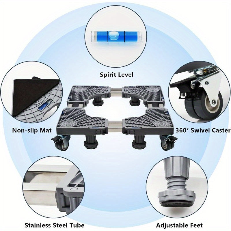 Appliance Mobile Base Stand Adjustable Double Pipe 4 Locking Wheels 4 Strong Feet Furniture Dolly for Washer Dryer Washing Machine Refrigerator Pedestal Grey Large