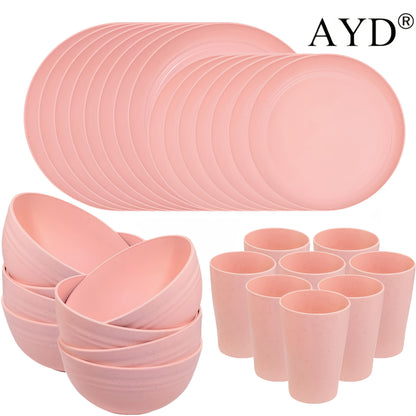 32/16pcs Dinnerware Sets Made from Wheat Straw, Including Plates And Bowls for 8 People, Featuring Black Plastic Dinnerware That Is Safe for Microwave And Dishwasher Use. This Dish Set Is Perfect for Valentine'S Day And Serves As a Durable Party Tab