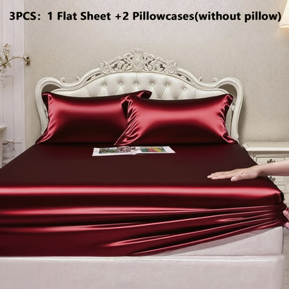 Luxury Satin Fitted Sheet 1*Fitted Sheet+2*Pillowcase, Queen Sheet, Cooling, Smooth, Breathable, Wrinkle-Resistant, Machine Washable, Easy Care Ultra Soft for Hot Sleepers Child, Children, Adults, Hotels, Apartments, Wedding Gifts-3000TC Random Color