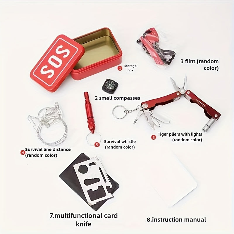 6pcs/ Set Outdoor Survival Gear Set With SOS Box - Red Emergency Kit, Compact Wilderness Survival Tool Kit With Multi-Tool, Whistle, Compass, Fire Starter & Paracord - Durable & Portable For Camping, Hiking, Backpacking, Hunting - All-in-One