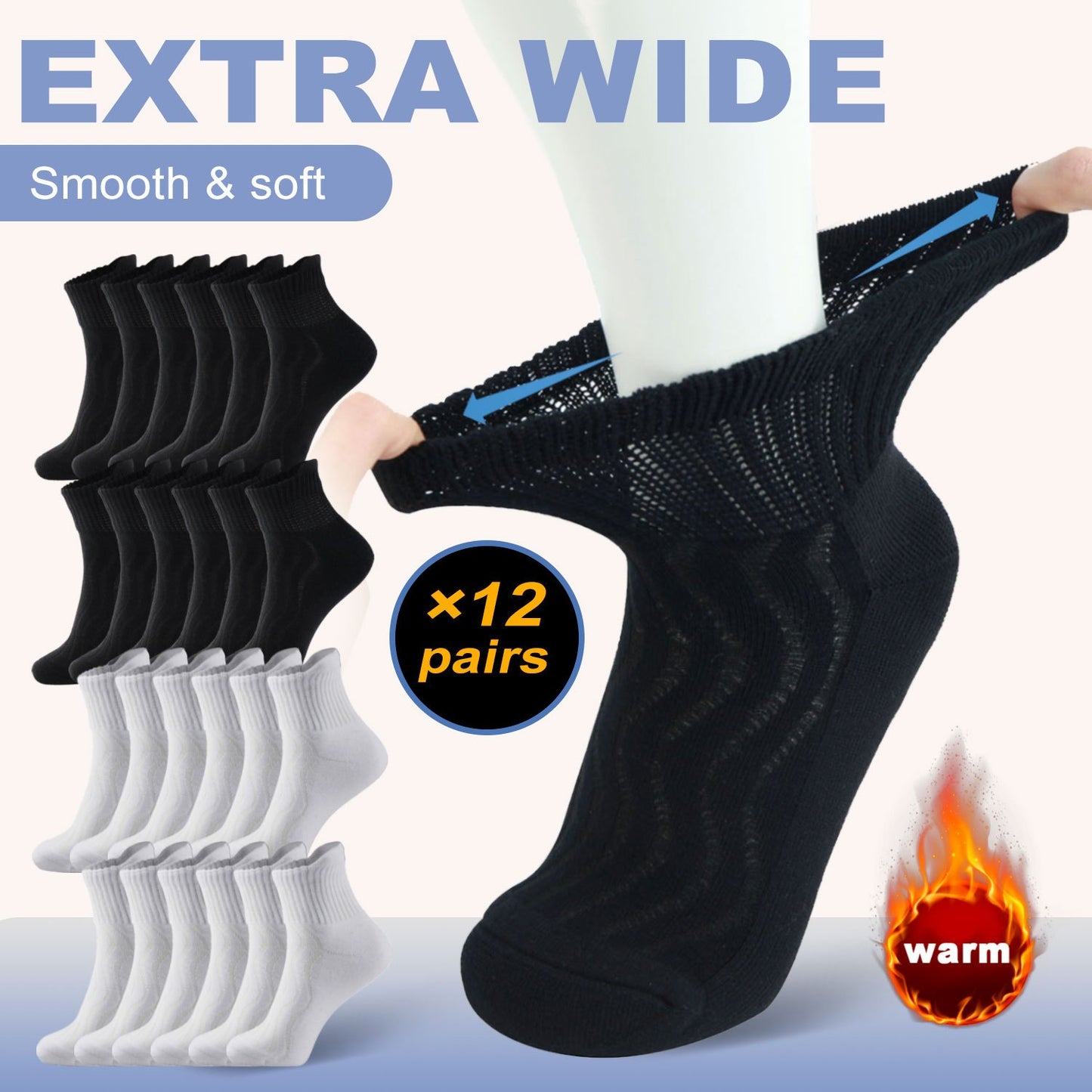 12 Pairs Diabetic Ankle Socks for Men & Women - Ultra Comfort Cotton Ankle Socks, Extra Cushioned Sole, Non-Binding Top And Seamless Toe (Black/White)