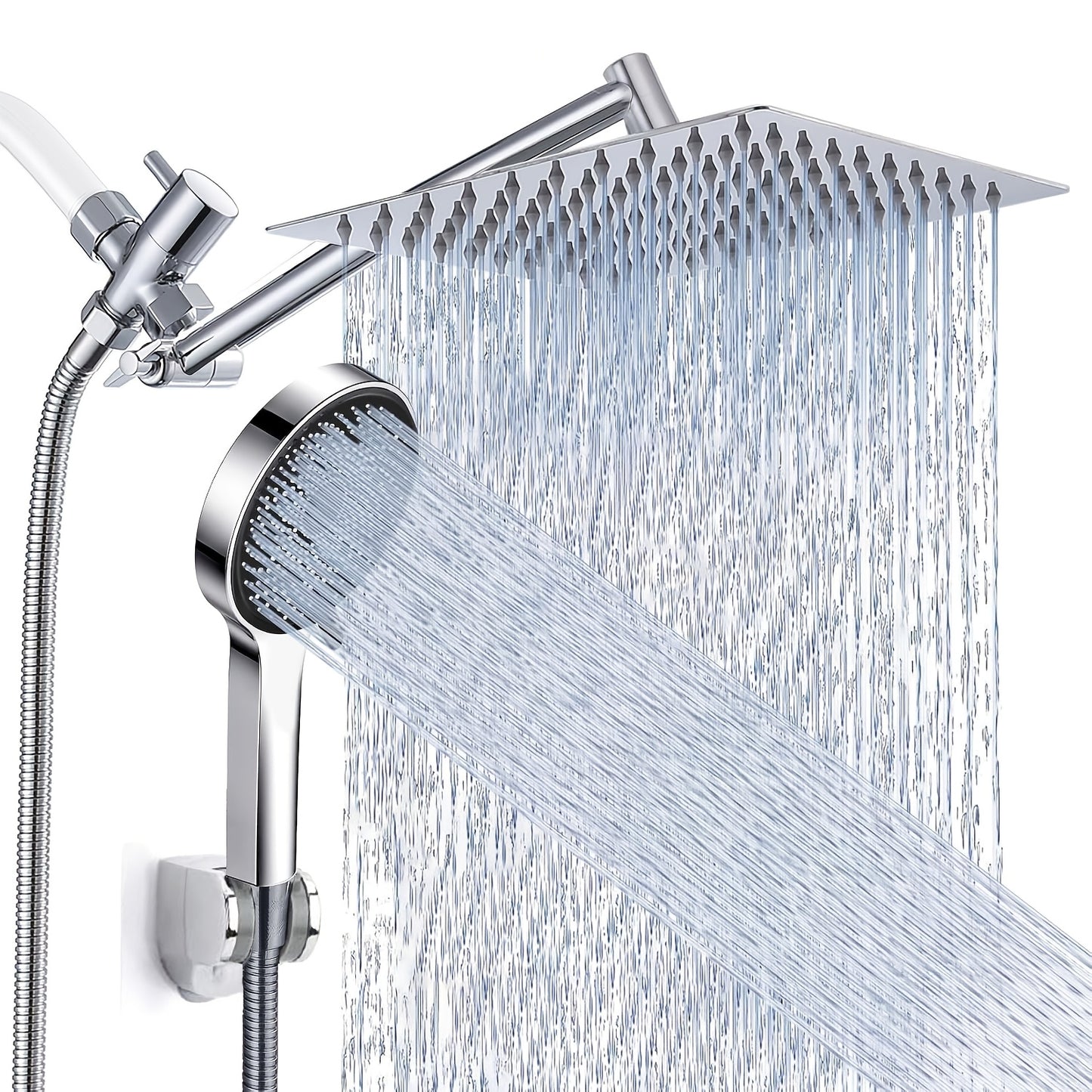 High Pressure Rainfall Handheld Shower Head Combo, 11-Inch Extension Arm, 9 Settings, 180° Adjustable, Anti-Leak with Holder, Chrome & Matte Black, 8/10/12 Inch