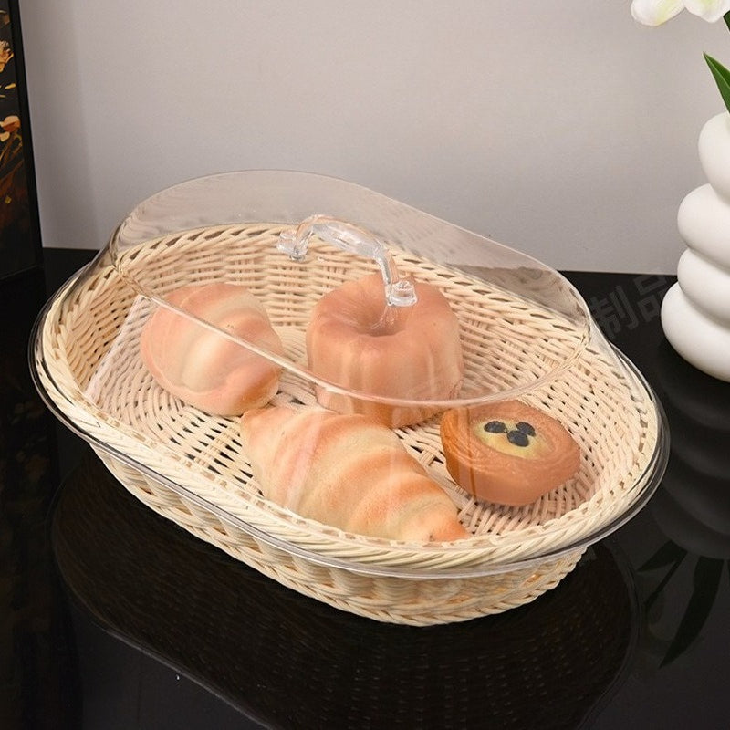 Woven for Bread Basket with Lid - Oval Rattan Food Basket for Serving, Storage And Display | Ideal for Bread, Fruits, Vegetables, Kitchen And Dining Decor