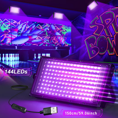 UV Black Light Flood Light 144 LED 385-400nm with USB Plug & Switch – Glow in the Dark Effect for Halloween Party Stage Lighting Body Paint Neon Poster Blacklight, Durable Plastic, 4 Pack