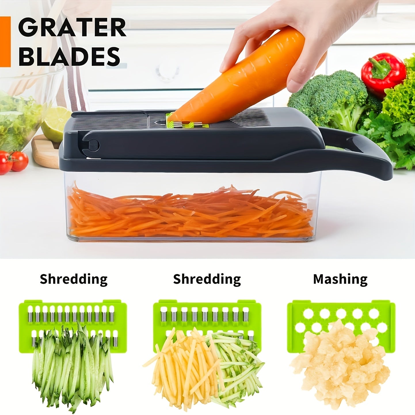 1pc Vegetable Chopper, Plastic Manual Food Chopper, 16-in-1 Multifunctional Kitchen Slicer and Dicer with 8 Blades and Container, for Fruits and Vegetables, 1-10L Capacity