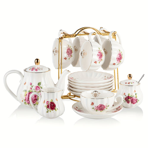 Sweejar Porcelain 22pcs Tea Sets British Royal Series, 8 OZ Cups And Saucer Service for 6, with Teapot Sugar Bowl Cream Pitcher Teaspoons And Tea Strainer, Suitable for High Tea, Wedding, Party