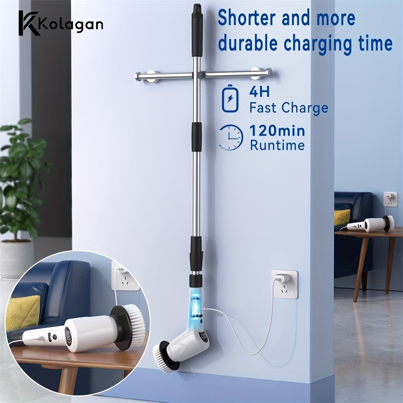 1pc 7-In-1 Motorized Rotary Cleaning Brush, Upgraded Cordless Cleaning Brush with 7 Interchangeable Cleaning Heads And 3 Rotary Speeds, Scrubber with Adjustable Extension Arm, Shower Scrubber with Power Display for Cleaning Bathrooms