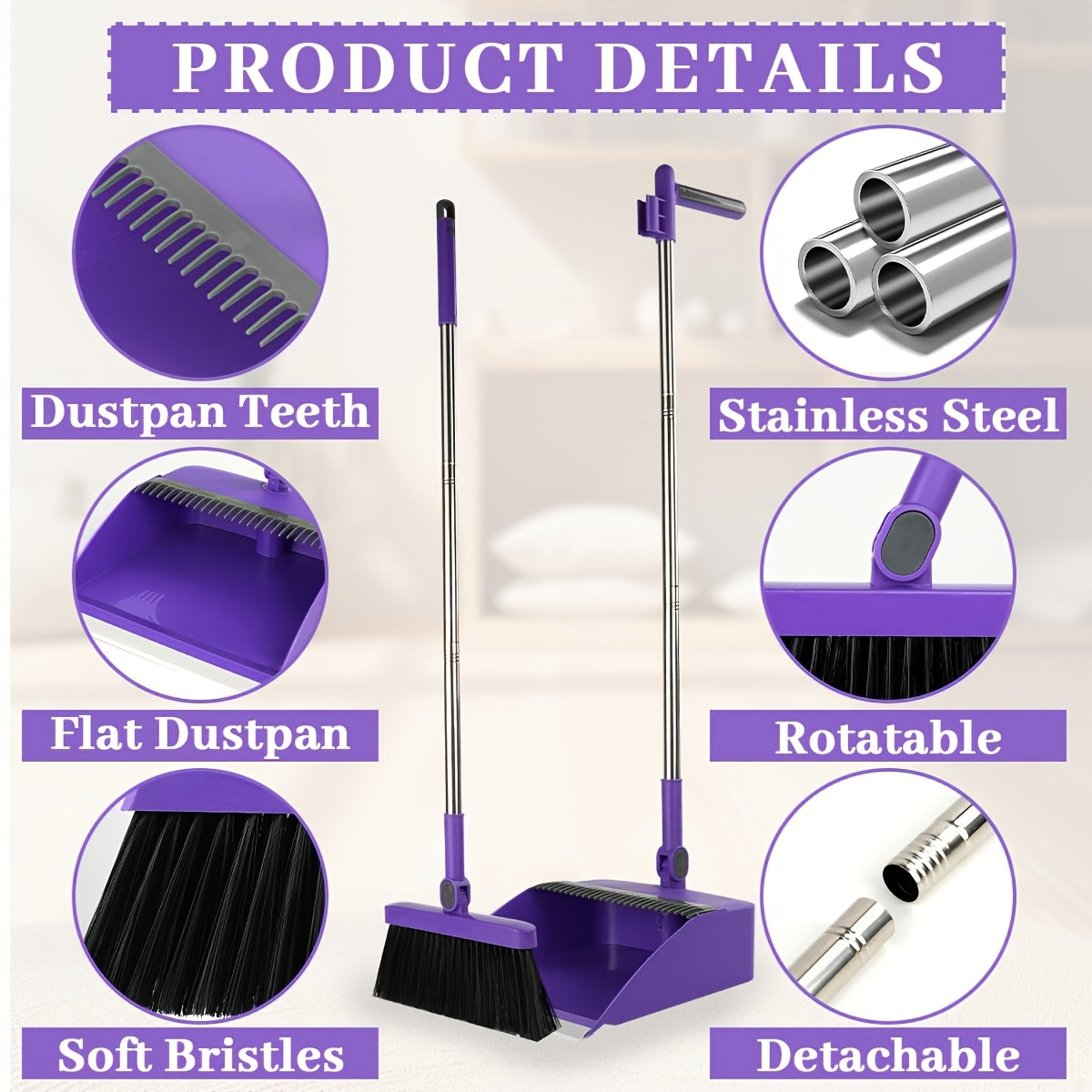 Broom and Dustpan Set with Long Handle - 2-in-1 Upright Sweeping Broom with Comb Teeth, Pet Hair Removal Floor Cleaning Tool for Home Office School Dorm Outdoor - Blue Orange White Purple Green