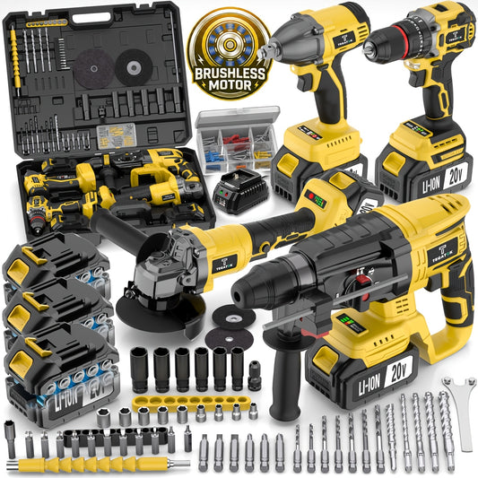 20V Brushless Power Tool Combo Kit | 4-Tool Cordless Set with Impact Wrench, Hammer Drill, Angle Grinder & Electric Drill – 3 Batteries Included for Home Renovation & Construction
