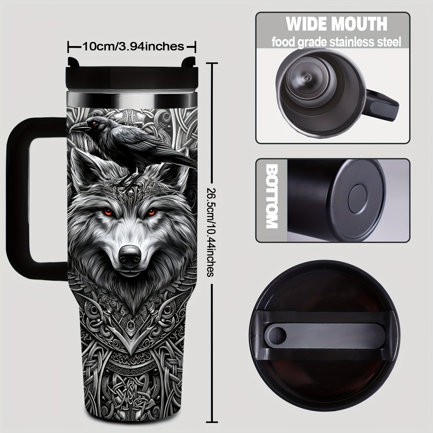 1pc 40oz Viking Wolf Raven 40oz Tumbler with Handle, Norse Mythology Celtic Knot Stainless Steel Insulated Travel Mug, Gifts for Viking Lovers