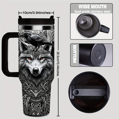 1pc 40oz Viking Wolf Raven 40oz Tumbler with Handle, Norse Mythology Celtic Knot Stainless Steel Insulated Travel Mug, Gifts for Viking Lovers