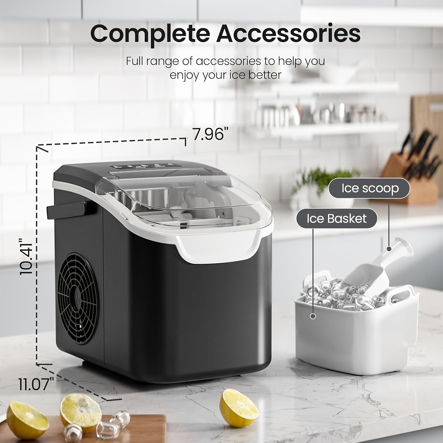 Countertop Bullet Ice Maker 26lbs/24H, 9 Bullet Ice Cubes in 6 Mins, 2 Sizes, Self-Cleaning Portable Ice Machine with Handle Ice Basket & Scoop, for Home Kitchen RV Camping