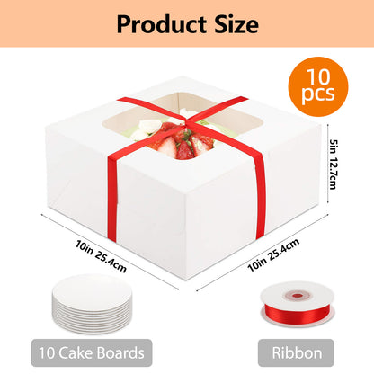 WHONLINE 10 Sets Cake Boxes, Party Gift Box Packaging, 10x10x5 Inches, White Square Bakery Boxes with Window, Large Cake Boxes with Red Ribbons And 10pcs 10 Inches Round Cake Boards, for Birthday Party, Wedding And Father's Day