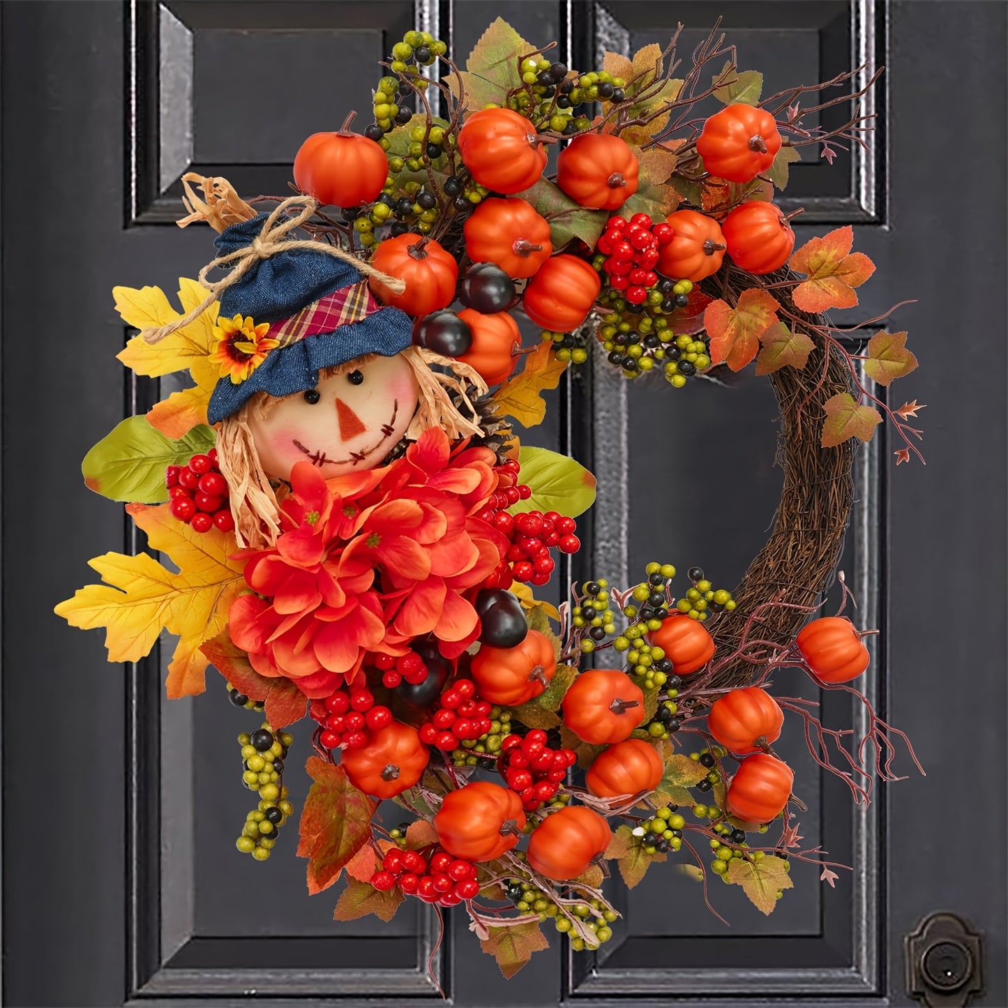 Fall Wreath for Front Door Autumn Thanksgiving Pumpkin Leaves Floral Doll Wreath Indoor Outdoor Wall Window Holiday Home Decor Christmas