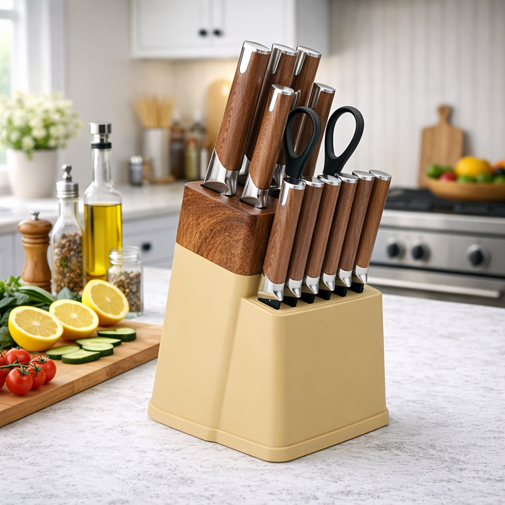 13pcs All-in-One Kitchen Knife Set with Holder - Includes 6 Steak Knives, Chef Knife, Bread Knife & Scissors - Perfect Housewarming Gift for New Home - Sharp & Durable Cooking Tools