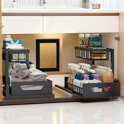 1/2pcs 2-story kitchen sink storage containers，push-pull cabinet organizer, kitchen and bathroom organizers and storage, study, tabletop, metal sliding drawers, practical and convenient kitchen accessories essentials, kitchen organizers and storage.