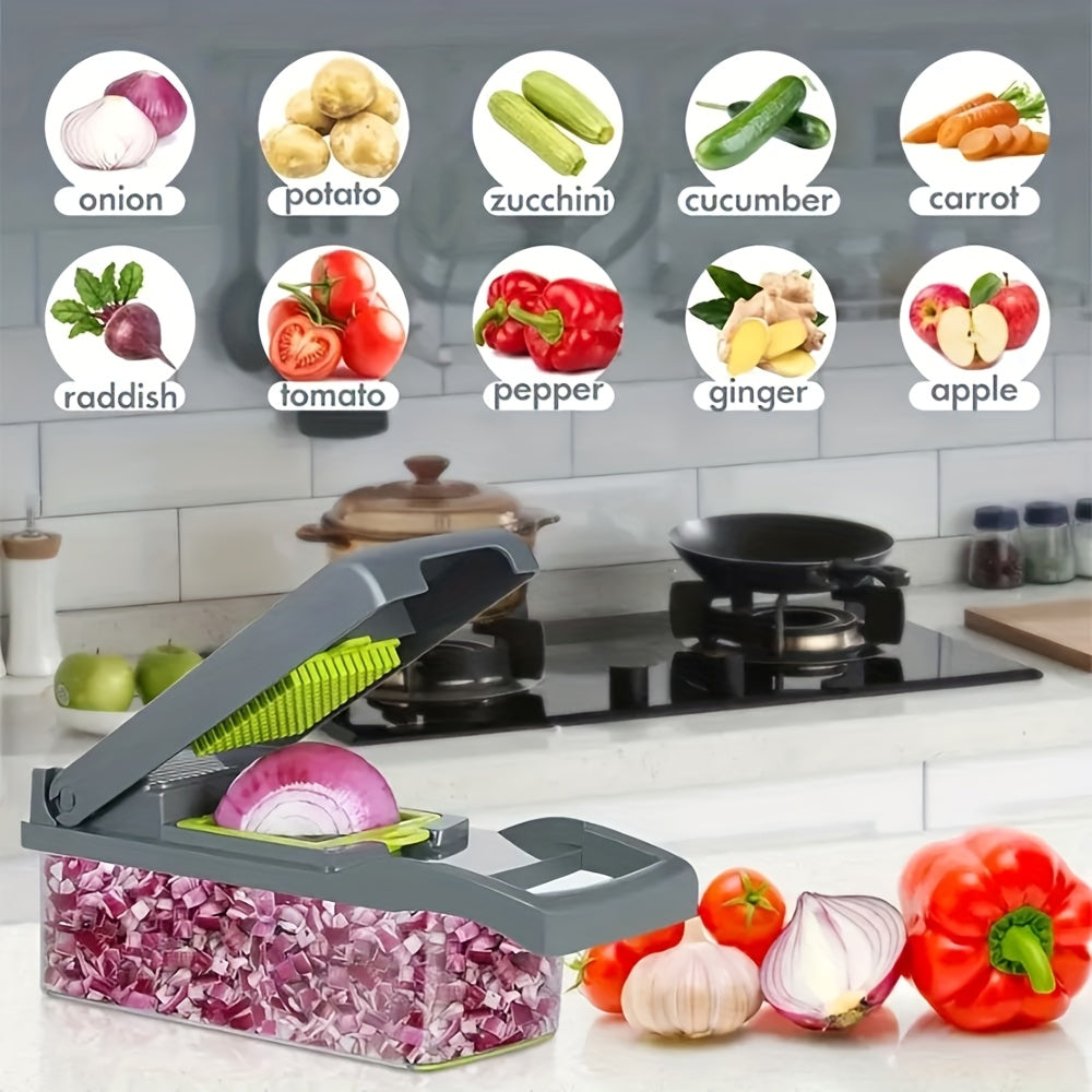16-in-1 Manual Vegetable Chopper Set | With 8 Stainless Steel Blades, 304 Container, Peeler, and Filter | Easy Meal Preparation, Professional Onion, Carrot, and Garlic Slicer | Kitchen Supplies