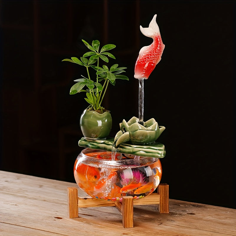 1pc USB Powered Glass And Ceramic Fish Waterfall Fountain, Relaxing Desktop Water Feature in The Living Room, Equipped with Decorative Glass Fish And Plants, a Unique Desktop Fountain Gift for Friends