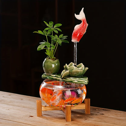 1pc USB Powered Glass And Ceramic Fish Waterfall Fountain, Relaxing Desktop Water Feature in The Living Room, Equipped with Decorative Glass Fish And Plants, a Unique Desktop Fountain Gift for Friends