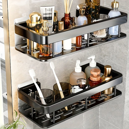 A Two-Part Set Featuring a Two-Tier Rust-Resistant Shower Basket, Designed for Wall Mounting in The Bathroom. It Has a Shiny End And Is Ideal for Holding Soap And Towels, As Well As for Festive Decor