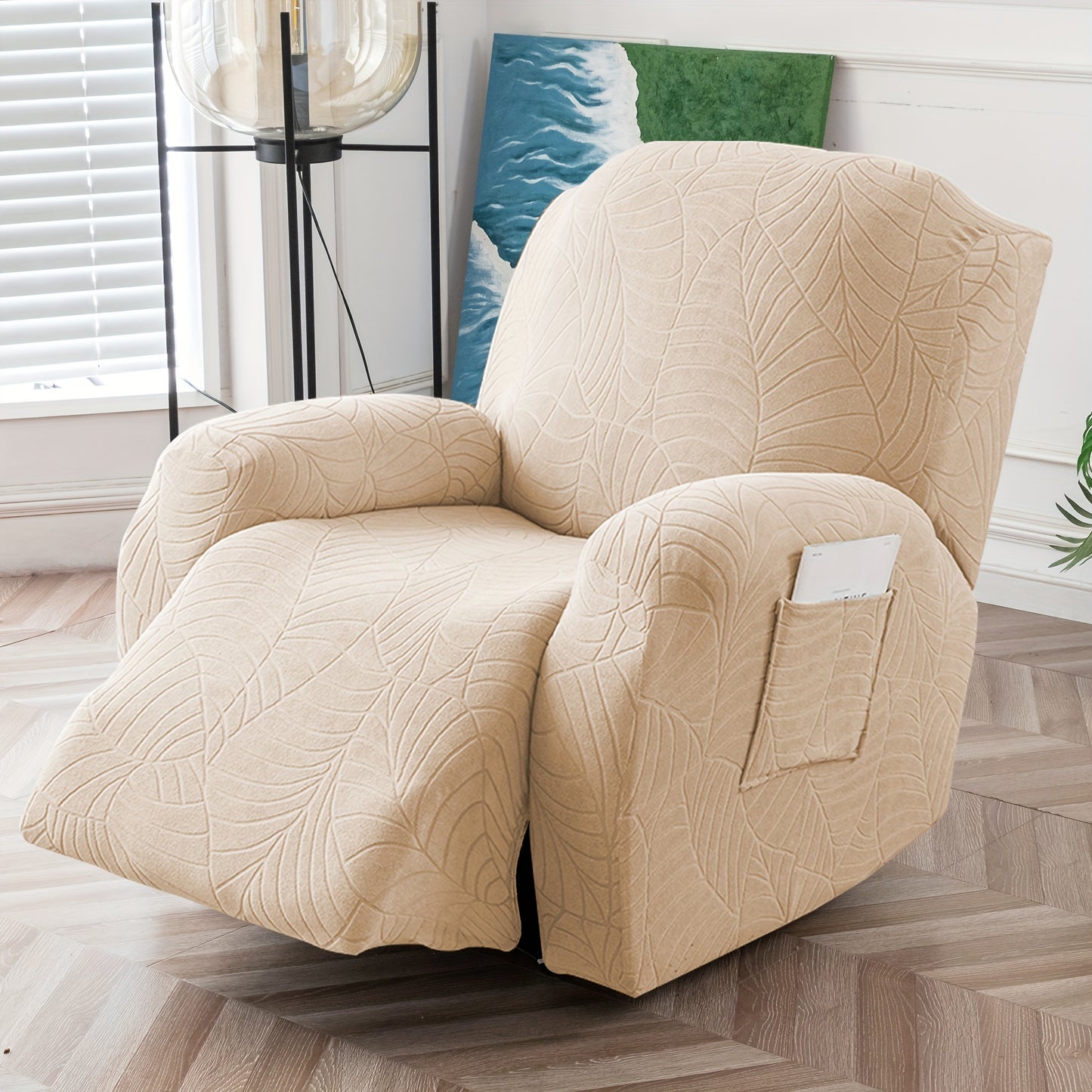 Recliner Chair Cover Slipcover 4-Piece Set – Leaf Jacquard Stretch Furniture Protector with Storage Pocket, Non-Slip Recliner Sofa Cover for Living Room, Machine Washable, 6 Colors Available