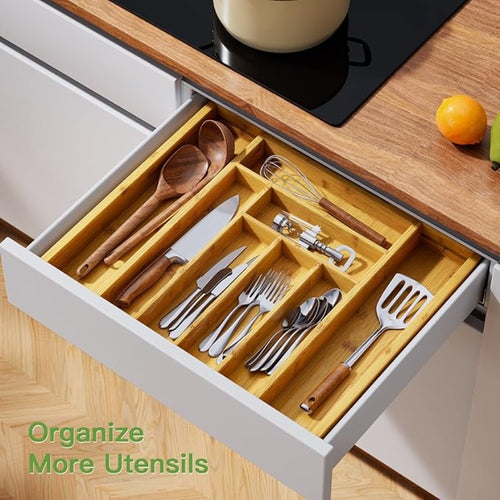 Bamboo Drawer Organizer Expandable - Adjustable Silverware Tray, Cutlery And Utensil Holder for Kitchen Drawer, Multi-Use Storage Tray for Office, Home