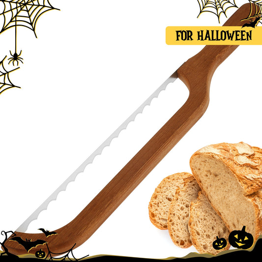 Stainless Steel Serrated Bagel Cutter Designed for Slicing Sourdough And Other Breads, Featuring a Portable Bamboo Handle. This 15.7×2.4 Inch Tool Is Perfect for Homemade Bagels, Baguettes, And Makes a Great Gift for Halloween And Christmas