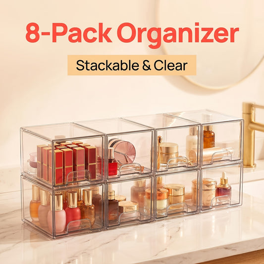 Clear Stackable Storage Drawers 8 Pack – Acrylic Bathroom Organizer Bins with Pull-Out Handle, BPA-Free Plastic Makeup Storage for Vanity, Kitchen, Pantry, Home Organization