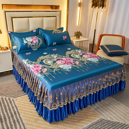 3pcs Double Layer Ruffle Bed Skirt Style Cool Mat Three Piece Set with Pillowcase Washable High Weight 360° Full Wrap