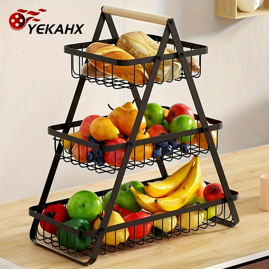 Metal Wire Bathroom Storage Basket with Wooden Handle Multi-Tier Countertop Organizer Detachable Fruit Basket Kitchen Pantry Bedroom Desk Organization