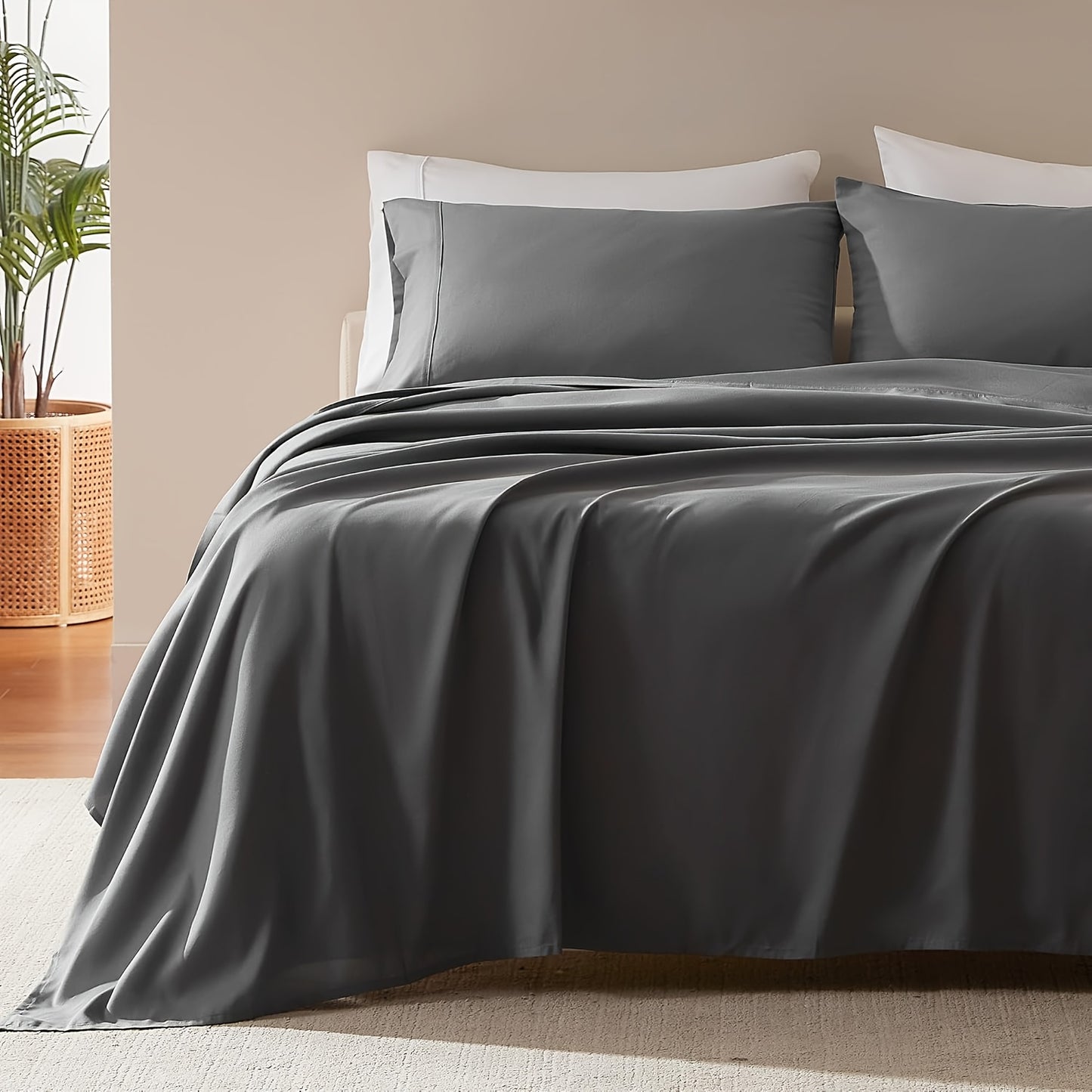 Cooling Bed Sheet King Sets Suitable for Hot Sleepers - Luxurious Ultra-Soft Bamboo Blend Sheets with Deep Fitted Base, King & Queen Size Cooling Bedding for Heavy-Sided Mattresses, Machine Washable (Pink/Grey), Christmas Decor