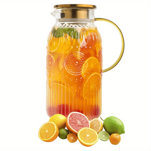 Amzcku 68oz/2 Liter Glass Pitcher with Lid - Vintage Water Jug, Heat-Resistant Glass Carafe Suitable for Cold Brew, Coffee, Lemonade, Iced Tea - Lid, Glass Jug for, Parties, Picnics, Camping, Office