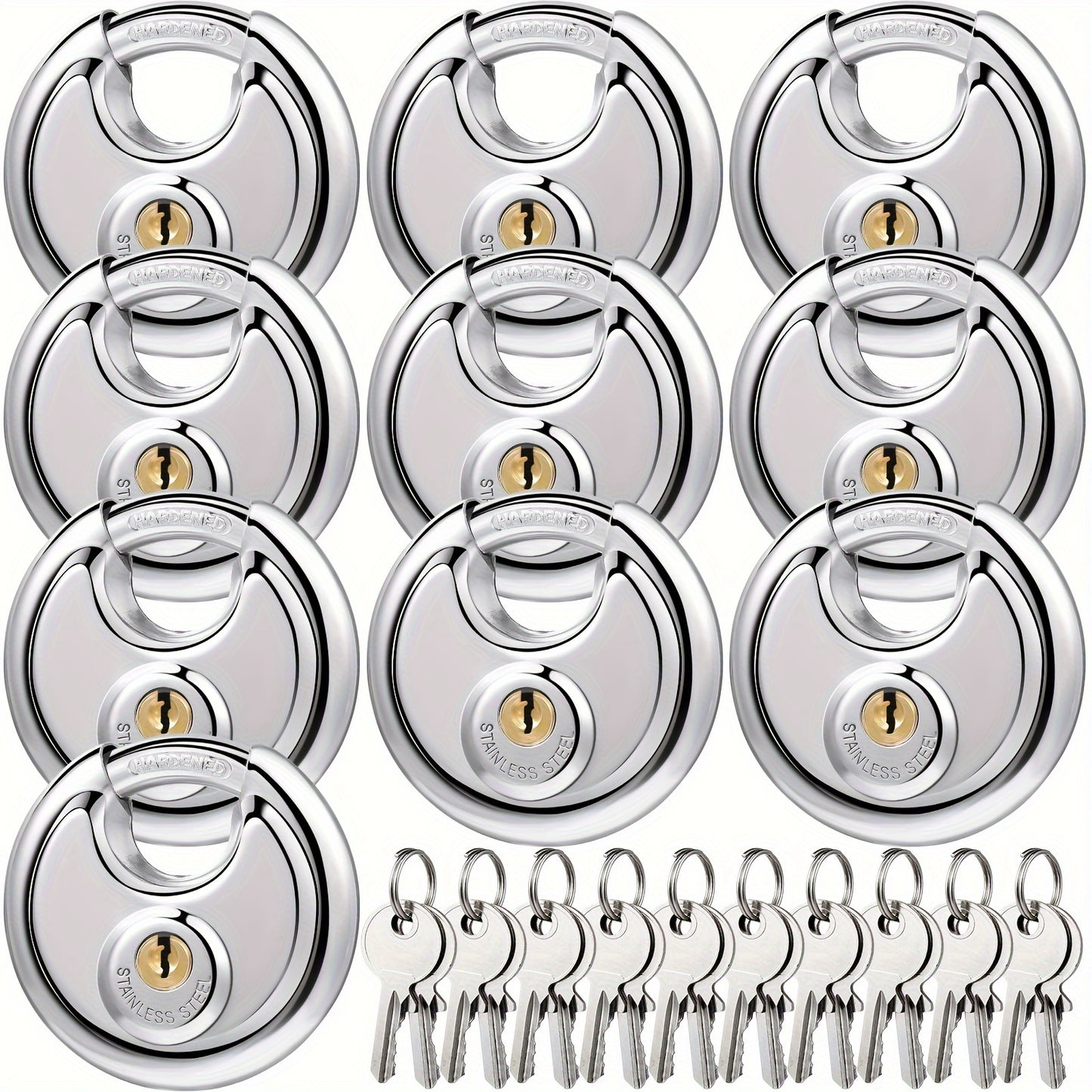 10pcs Padlocks Alike Keyed, Stainless Steel Pad Locks with Same Key Discus Lock 2-3/4 Inch Wide 3/8 Inch Diameter Shackle, Disc Lock for Outdoor Use, Storage Unit, Sheds, Garages And Fence