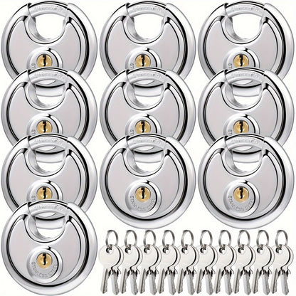 10pcs Padlocks Alike Keyed, Stainless Steel Pad Locks with Same Key Discus Lock 2-3/4 Inch Wide 3/8 Inch Diameter Shackle, Disc Lock for Outdoor Use, Storage Unit, Sheds, Garages And Fence