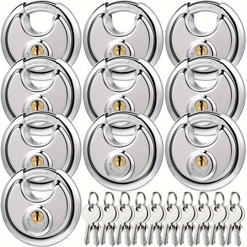 10pcs Padlocks Alike Keyed, Stainless Steel Pad Locks with Same Key Discus Lock 2-3/4 Inch Wide 3/8 Inch Diameter Shackle, Disc Lock for Outdoor Use, Storage Unit, Sheds, Garages And Fence