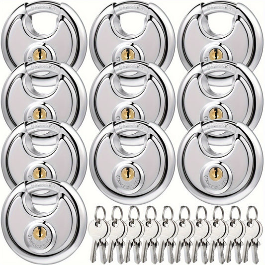 10pcs Padlocks Alike Keyed, Stainless Steel Pad Locks with Same Key Discus Lock 2-3/4 Inch Wide 3/8 Inch Diameter Shackle, Disc Lock for Outdoor Use, Storage Unit, Sheds, Garages And Fence