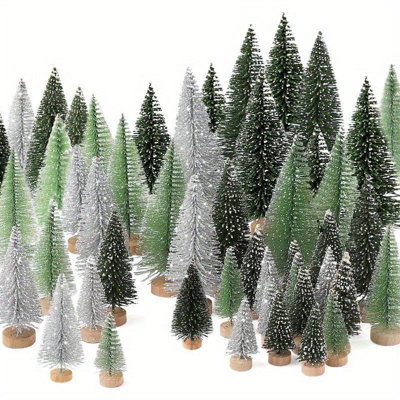 15pcs Mini Artificial Christmas Tree with Wooden Base - Bottle Brush Tabletop Decorations for the Holidays (Christmas, Halloween, Thanksgiving) - No Power Required, Non-Lit, Bendable, Snowflake Sprinkles Holiday Centerpieces