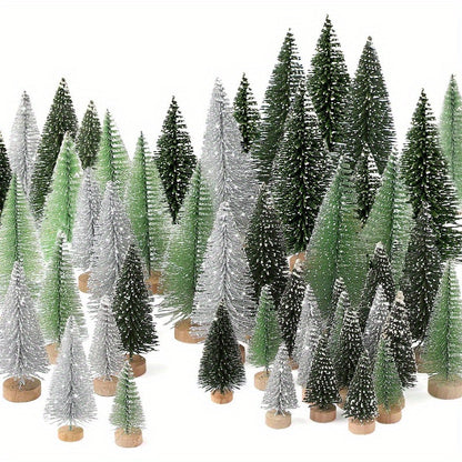 15pcs Mini Artificial Christmas Tree with Wooden Base - Bottle Brush Tabletop Decorations for the Holidays (Christmas, Halloween, Thanksgiving) - No Power Required, Non-Lit, Bendable, Snowflake Sprinkles Holiday Centerpieces
