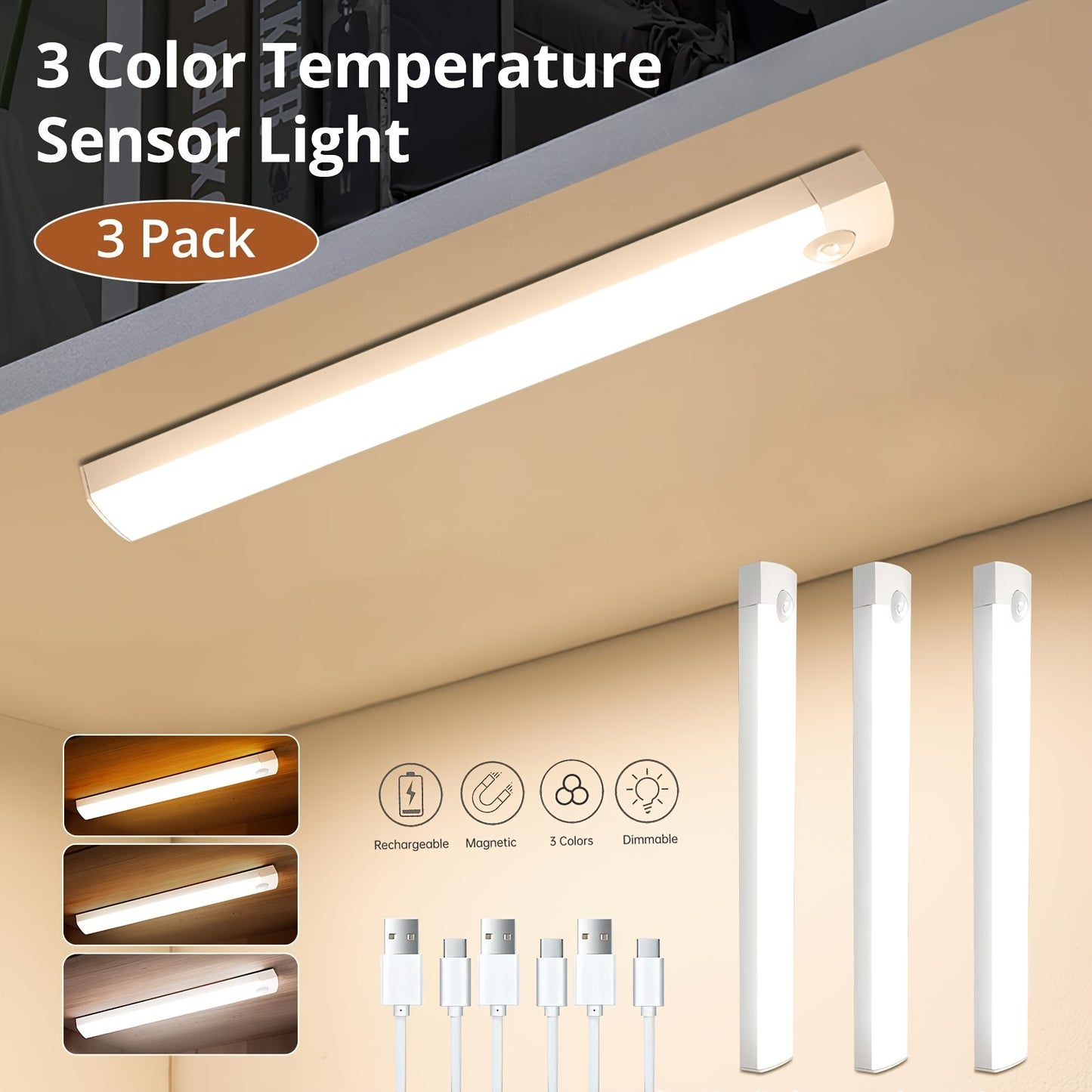 Motion Sensor Cabinet Light 3-Pack – 3-Color Temperature Dimmable Under Counter Closet Light, Wireless Magnetic USB Rechargeable for Kitchen, Wardrobe, Stairs, Hallway & Vanity (11cm / 20cm / 40cm)