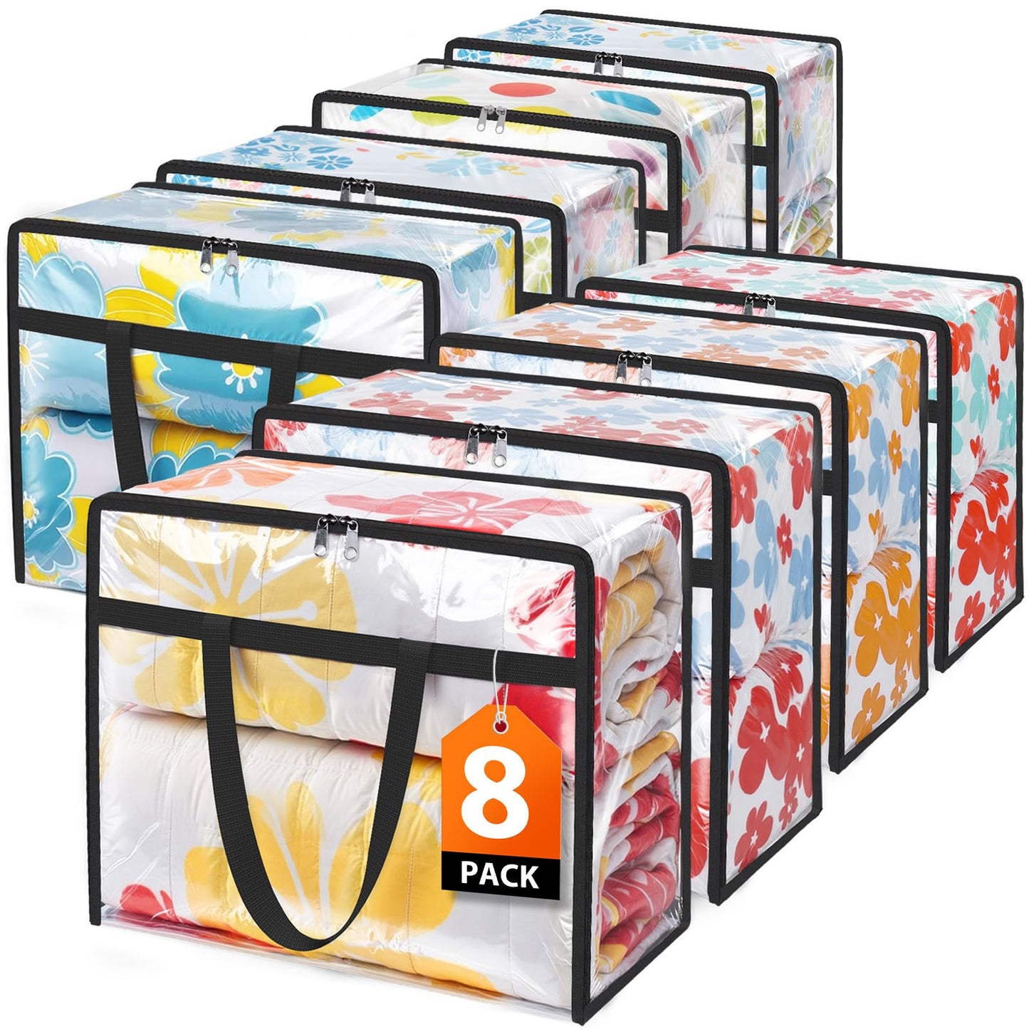 8 Pack Clear Clothes Storage Bags, Closet Organizers and Under Bed Storage Containers, Foldable Moving Bags with Zippers for Comforter, Blanket, Bedding, Duvet, PVC Packing Bags 15.85gal