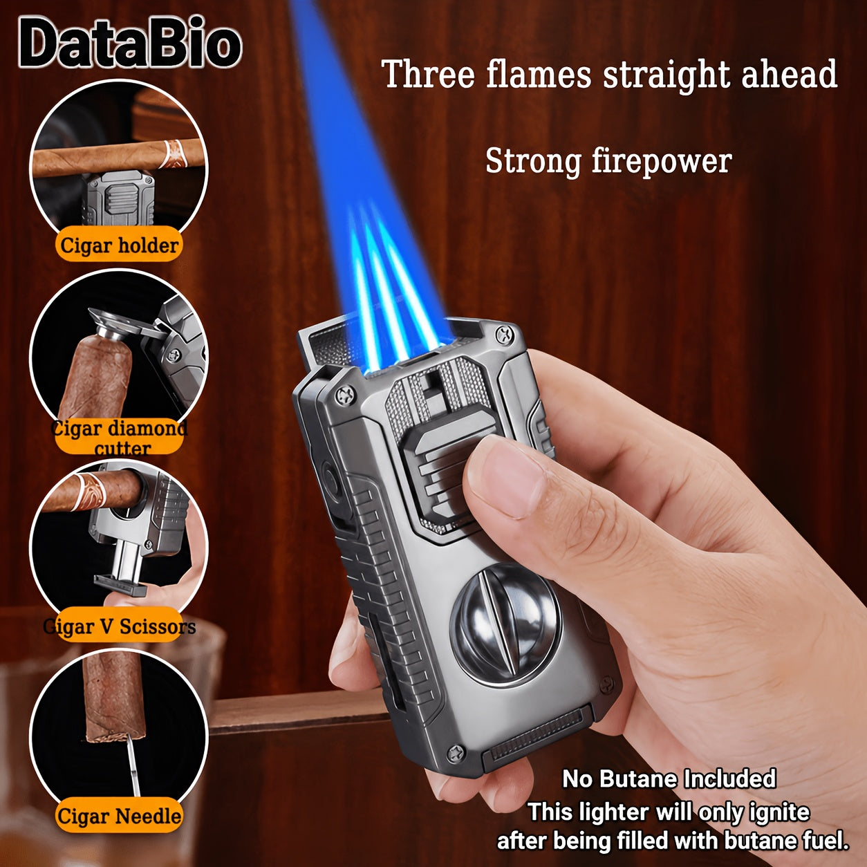 (No Butane)Windproof Tri-jet Flame Butane Lighter, Metal Multifunctional 5-in-1 Lighter, Cigar Portable Lighter, Adjustable Flame, Refillable, with Transparent Visual Gas Chamber, Suitable for Barbecue, Candles, Outdoor, Camping, Christmas Gift